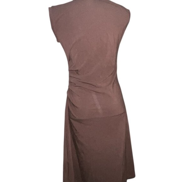 OGL Mockneck Tucks Midi Dress Sz Medium Womens Brown Sleeveless Stretchy Ruched - Picture 15 of 16